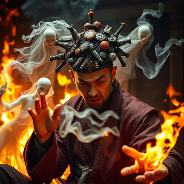 An intense and captivating scene of a Chinese magician in the midst of a battle against eerie ghostly figures, showcasing an array of amulets creatively stuck on his head as symbols of his mystical powers