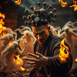 An intense and captivating scene of a Chinese magician in the midst of a battle against eerie ghostly figures, showcasing an array of amulets creatively stuck on his head as symbols of his mystical powers