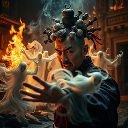 An intense and captivating scene of a Chinese magician in the midst of a battle against eerie ghostly figures, showcasing an array of amulets creatively stuck on his head as symbols of his mystical powers