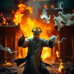 An exhilarating scene featuring a Chinese magician engaged in an epic battle against ghostly spirits, confidently wearing a captivating talisman on his head that signifies his magical abilities