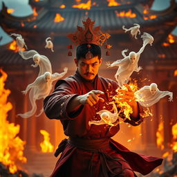 An exhilarating scene featuring a Chinese magician engaged in an epic battle against ghostly spirits, confidently wearing a captivating talisman on his head that signifies his magical abilities