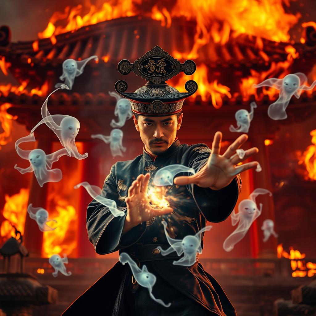 An exhilarating scene featuring a Chinese magician engaged in an epic battle against ghostly spirits, confidently wearing a captivating talisman on his head that signifies his magical abilities