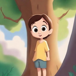 A Disney-style representation of a child, with large expressive eyes, gazing in awe at a towering, majestic tree reaching for the sky