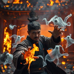 An exhilarating scene featuring a Chinese magician engaged in an epic battle against ghostly spirits, confidently wearing a captivating talisman on his head that signifies his magical abilities