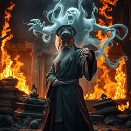 An evocative scene featuring a powerful Vietnamese wizard, adorned with an intricate talisman on his head, standing resiliently as he faces off against a formidable ghost