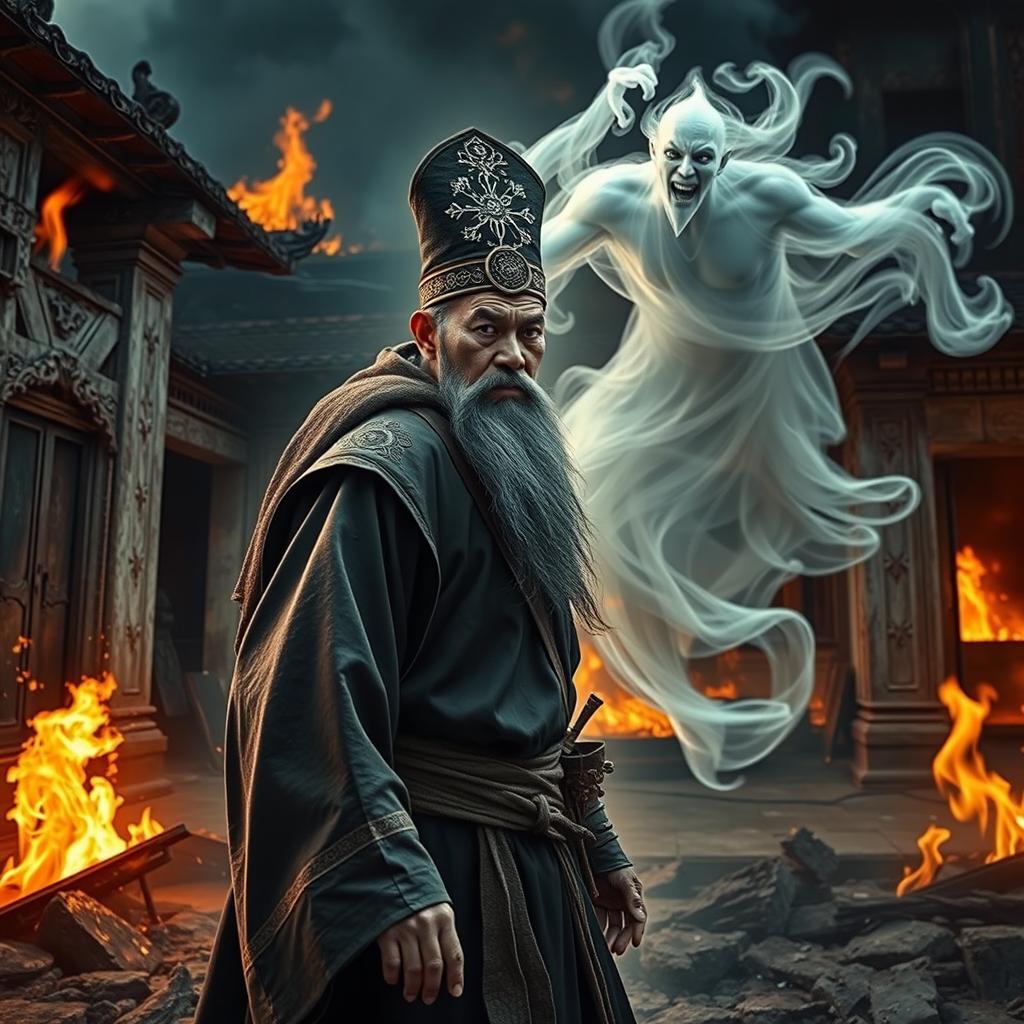 An evocative scene featuring a powerful Vietnamese wizard, adorned with an intricate talisman on his head, standing resiliently as he faces off against a formidable ghost