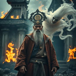 An evocative scene featuring a powerful Vietnamese wizard, adorned with an intricate talisman on his head, standing resiliently as he faces off against a formidable ghost