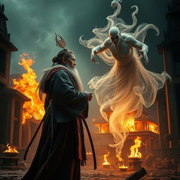 An evocative scene featuring a powerful Vietnamese wizard, adorned with an intricate talisman on his head, standing resiliently as he faces off against a formidable ghost