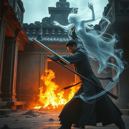 A dramatic scene showcasing a great Vietnamese mage wielding a sword as he fiercely battles a ghostly female spirit