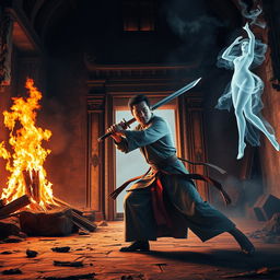A dramatic scene showcasing a great Vietnamese mage wielding a sword as he fiercely battles a ghostly female spirit