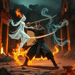 A dramatic scene showcasing a great Vietnamese mage wielding a sword as he fiercely battles a ghostly female spirit