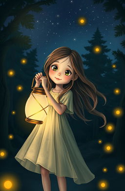 A whimsical scene featuring a young girl holding a glowing lantern, illuminating a dark forest