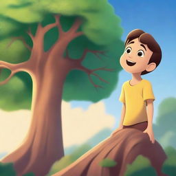 A Disney-style representation of a child, with large expressive eyes, gazing in awe at a towering, majestic tree reaching for the sky