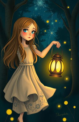 A whimsical scene featuring a young girl holding a glowing lantern, illuminating a dark forest