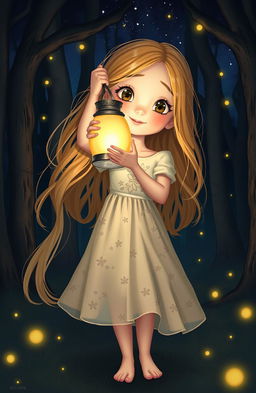 A whimsical scene featuring a young girl holding a glowing lantern, illuminating a dark forest