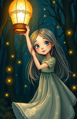 A whimsical scene featuring a young girl holding a glowing lantern, illuminating a dark forest
