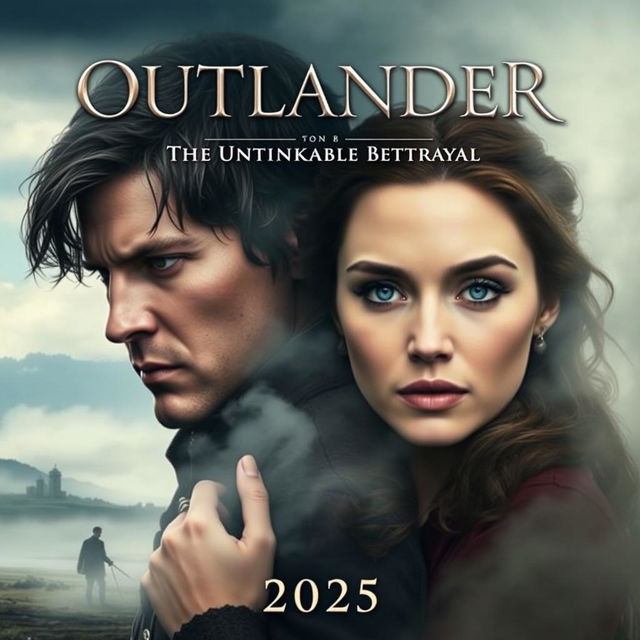 An intriguing movie poster for 'OUTLANDER Season 8: The Unthinkable Betrayal (2025)', featuring the main characters, a couple deeply connected, showcasing both tension and emotion in their expressions