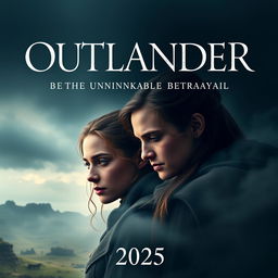 An intriguing movie poster for 'OUTLANDER Season 8: The Unthinkable Betrayal (2025)', featuring the main characters, a couple deeply connected, showcasing both tension and emotion in their expressions