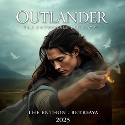 An intriguing movie poster for 'OUTLANDER Season 8: The Unthinkable Betrayal (2025)', featuring the main characters, a couple deeply connected, showcasing both tension and emotion in their expressions