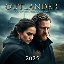 An intriguing movie poster for 'OUTLANDER Season 8: The Unthinkable Betrayal (2025)', featuring the main characters, a couple deeply connected, showcasing both tension and emotion in their expressions