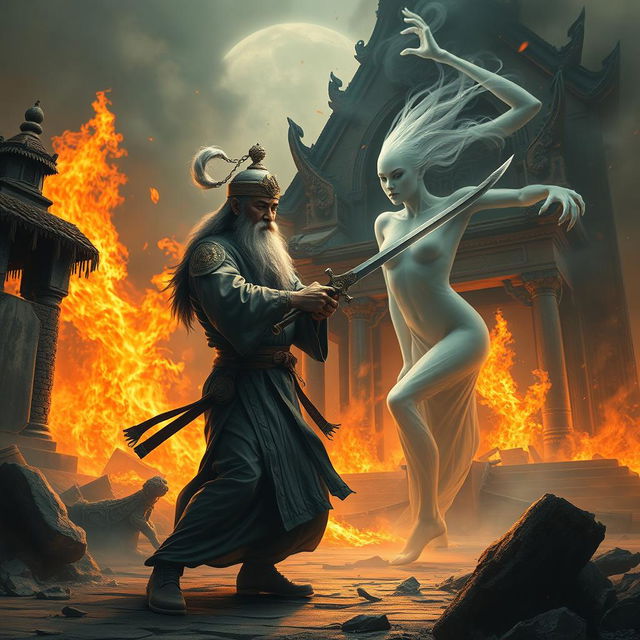 A captivating scene of a great Vietnamese wizard, sporting an elaborate talisman on his head, fiercely wielding a sword as he confronts a ghostly female spirit