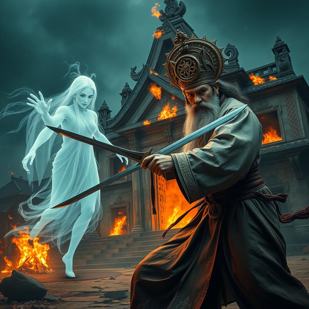 A captivating scene of a great Vietnamese wizard, sporting an elaborate talisman on his head, fiercely wielding a sword as he confronts a ghostly female spirit