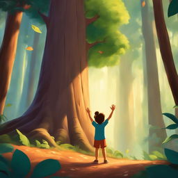 A young child in awe of a towering tree in a lush forest, reaching out to touch a falling leaf