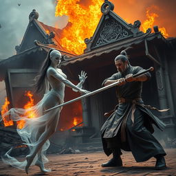 A captivating scene of a great Vietnamese wizard, sporting an elaborate talisman on his head, fiercely wielding a sword as he confronts a ghostly female spirit