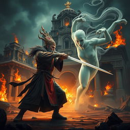 A captivating scene of a great Vietnamese wizard, sporting an elaborate talisman on his head, fiercely wielding a sword as he confronts a ghostly female spirit