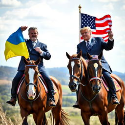 Petro Poroshenko alongside Donald Trump, both riding different horses