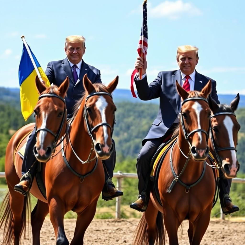 Petro Poroshenko alongside Donald Trump, both riding different horses