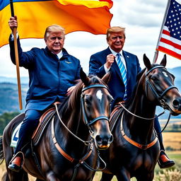 Petro Poroshenko alongside Donald Trump, both riding different horses