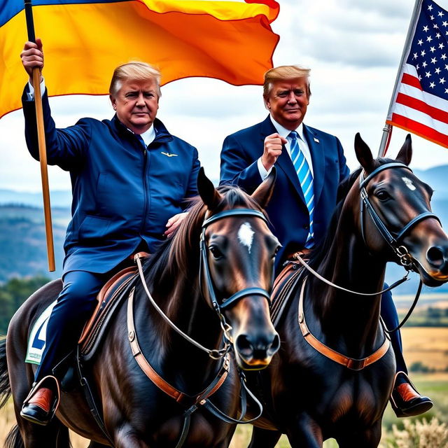 Petro Poroshenko alongside Donald Trump, both riding different horses