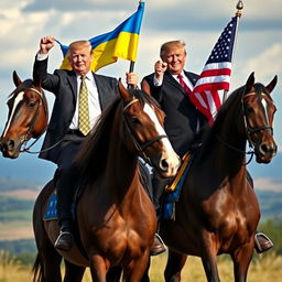 Petro Poroshenko alongside Donald Trump, both riding different horses