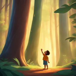 A young child in awe of a towering tree in a lush forest, reaching out to touch a falling leaf