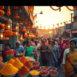 A vibrant Indian street scene during a festival, featuring colorful decorations, people in traditional attire such as saris and kurta-pajamas, and lamps hanging from stalls, adorned with marigold flowers