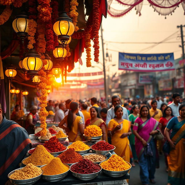 A vibrant Indian street scene during a festival, featuring colorful decorations, people in traditional attire such as saris and kurta-pajamas, and lamps hanging from stalls, adorned with marigold flowers