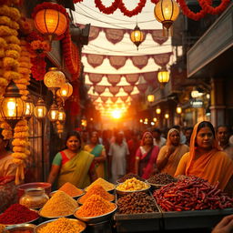 A vibrant Indian street scene during a festival, featuring colorful decorations, people in traditional attire such as saris and kurta-pajamas, and lamps hanging from stalls, adorned with marigold flowers