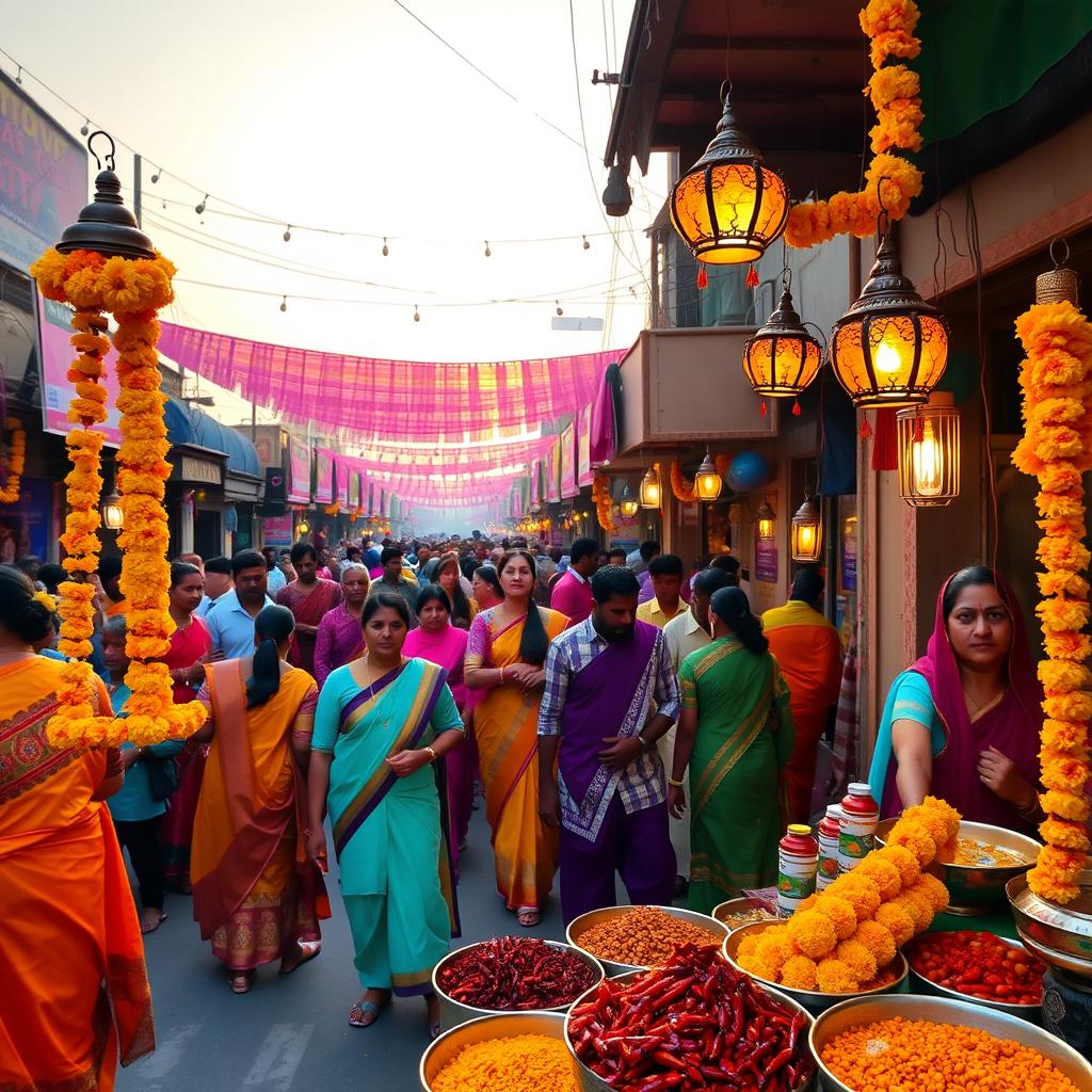 A vibrant Indian street scene during a festival, featuring colorful decorations, people in traditional attire such as saris and kurta-pajamas, and lamps hanging from stalls, adorned with marigold flowers