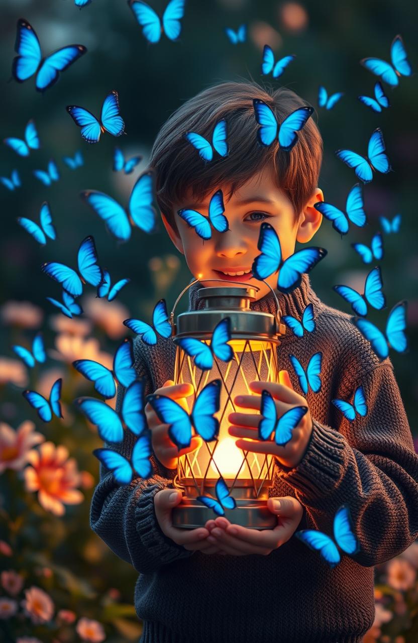 A young boy holding a glowing lantern, surrounded by a flurry of beautiful blue butterflies