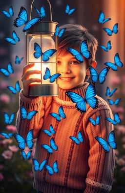 A young boy holding a glowing lantern, surrounded by a flurry of beautiful blue butterflies
