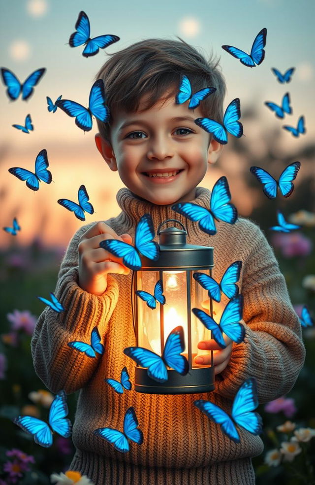 A young boy holding a glowing lantern, surrounded by a flurry of beautiful blue butterflies