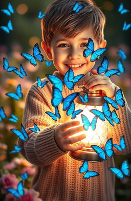 A young boy holding a glowing lantern, surrounded by a flurry of beautiful blue butterflies