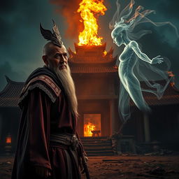 An intense scene featuring a great Vietnamese wizard, proudly wearing a detailed talisman on his head, prepared to combat the ghostly apparition of a woman
