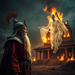 An intense scene featuring a great Vietnamese wizard, proudly wearing a detailed talisman on his head, prepared to combat the ghostly apparition of a woman