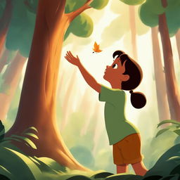 A young child in awe of a towering tree in a lush forest, reaching out to touch a falling leaf