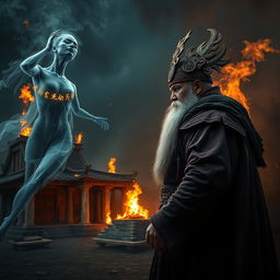 An intense scene featuring a great Vietnamese wizard, proudly wearing a detailed talisman on his head, prepared to combat the ghostly apparition of a woman