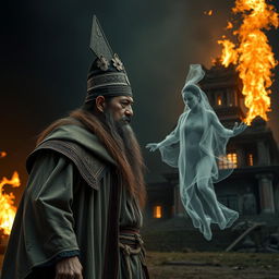 An intense scene featuring a great Vietnamese wizard, proudly wearing a detailed talisman on his head, prepared to combat the ghostly apparition of a woman