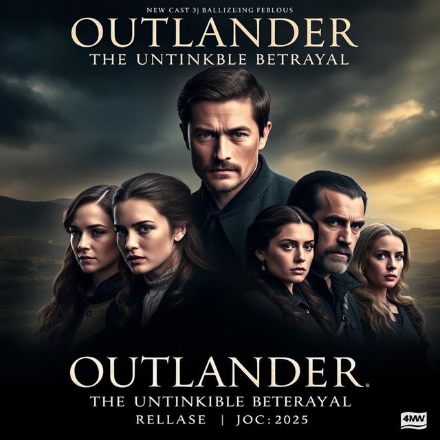 A captivating movie poster for 'OUTLANDER Season 8: The Unthinkable Betrayal (2025)', featuring the main cast including Caitriona Balfe, Sam Heughan, Sophie Skelton, Richard Rankin, and John Bell in their iconic roles