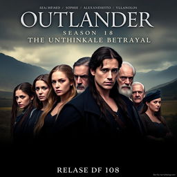 A captivating movie poster for 'OUTLANDER Season 8: The Unthinkable Betrayal (2025)', featuring the main cast including Caitriona Balfe, Sam Heughan, Sophie Skelton, Richard Rankin, and John Bell in their iconic roles